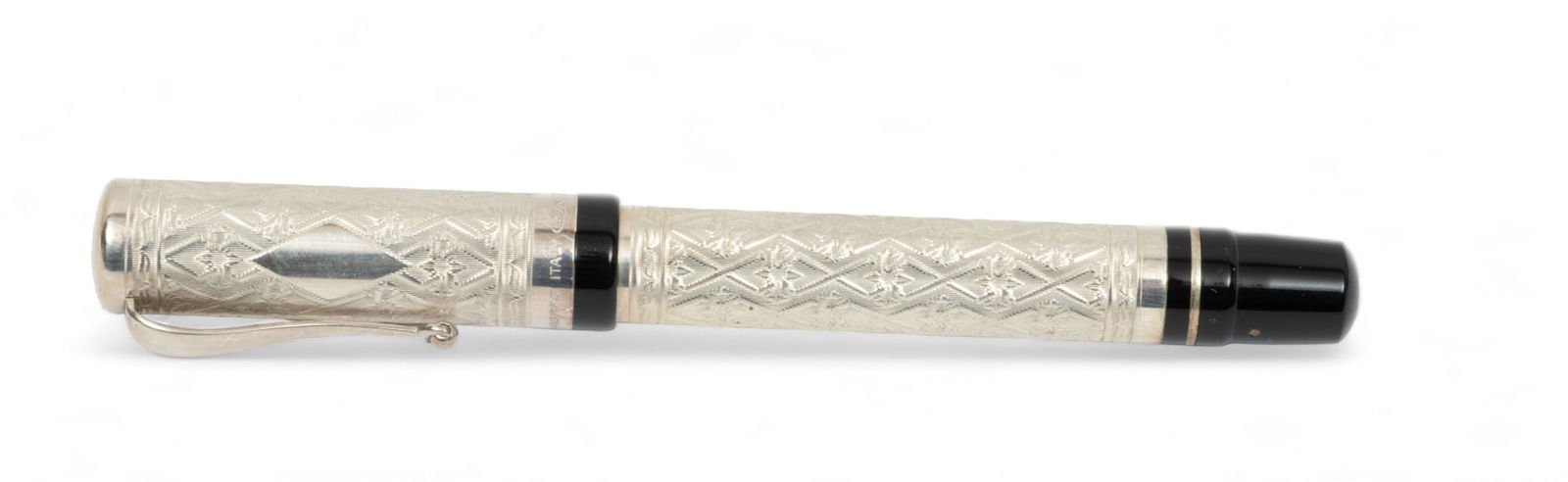Montegrappa (Italian) 'Cosmopolitan' Sterling Silver Fountain Pen, H 2.5" W 9" Depth 5.75" (1 of 12)