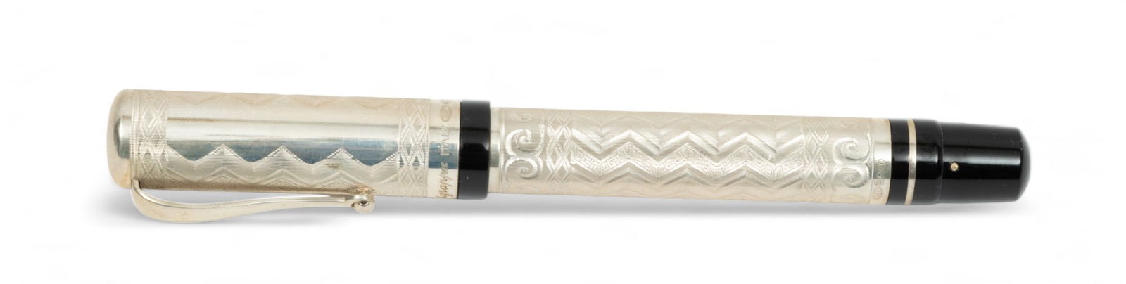 Montegrappa (Italian) 'Cosmopolitan' Sterling Silver Fountain Pen, H 2.5" W 9" Depth 5.75" (1 of 12)