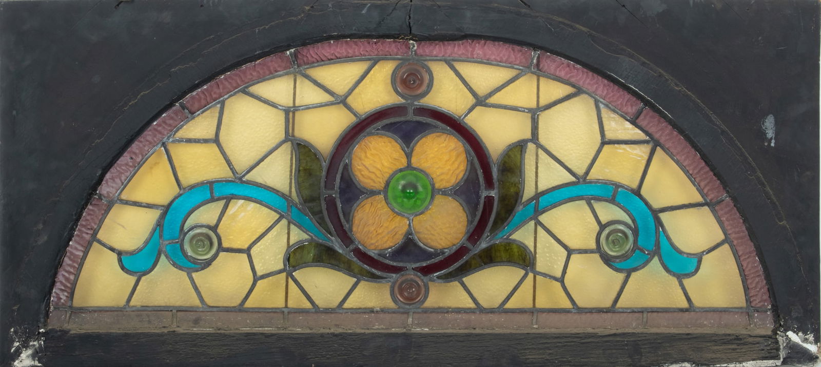 Stained & Leaded Glass Transom Window, Ca. 1880, H 20" W 44.5" Depth 1.25" (1 of 2)