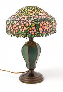 Handel Lamp Company (American, 1885-1936) Leaded Glass Table Lamp on Rare Base "Pink Dogwood", H: Handel Lamp Company (American, 1885-1936) Leaded Glass Table Lamp on Rare Base "Pink Dogwood", H 17.75" Dia. 12" | Shade signed with Handel two star mark. Base having Handel cloth tag on base felt.