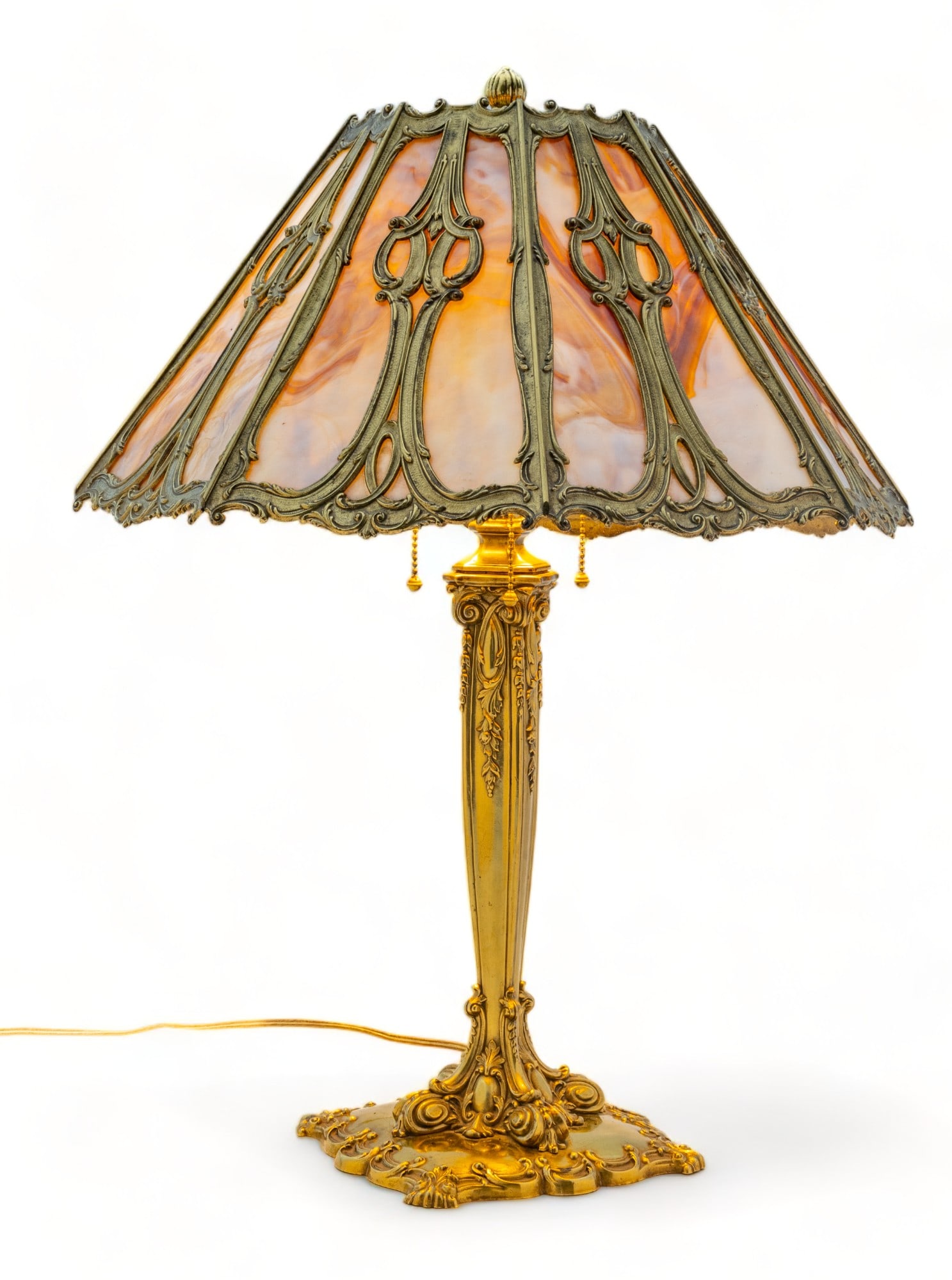 Bradley & Hubbard Manufacturing Company (American (1852-1940)) Slag Glass in Gold Patina Frame Table (1 of 9)