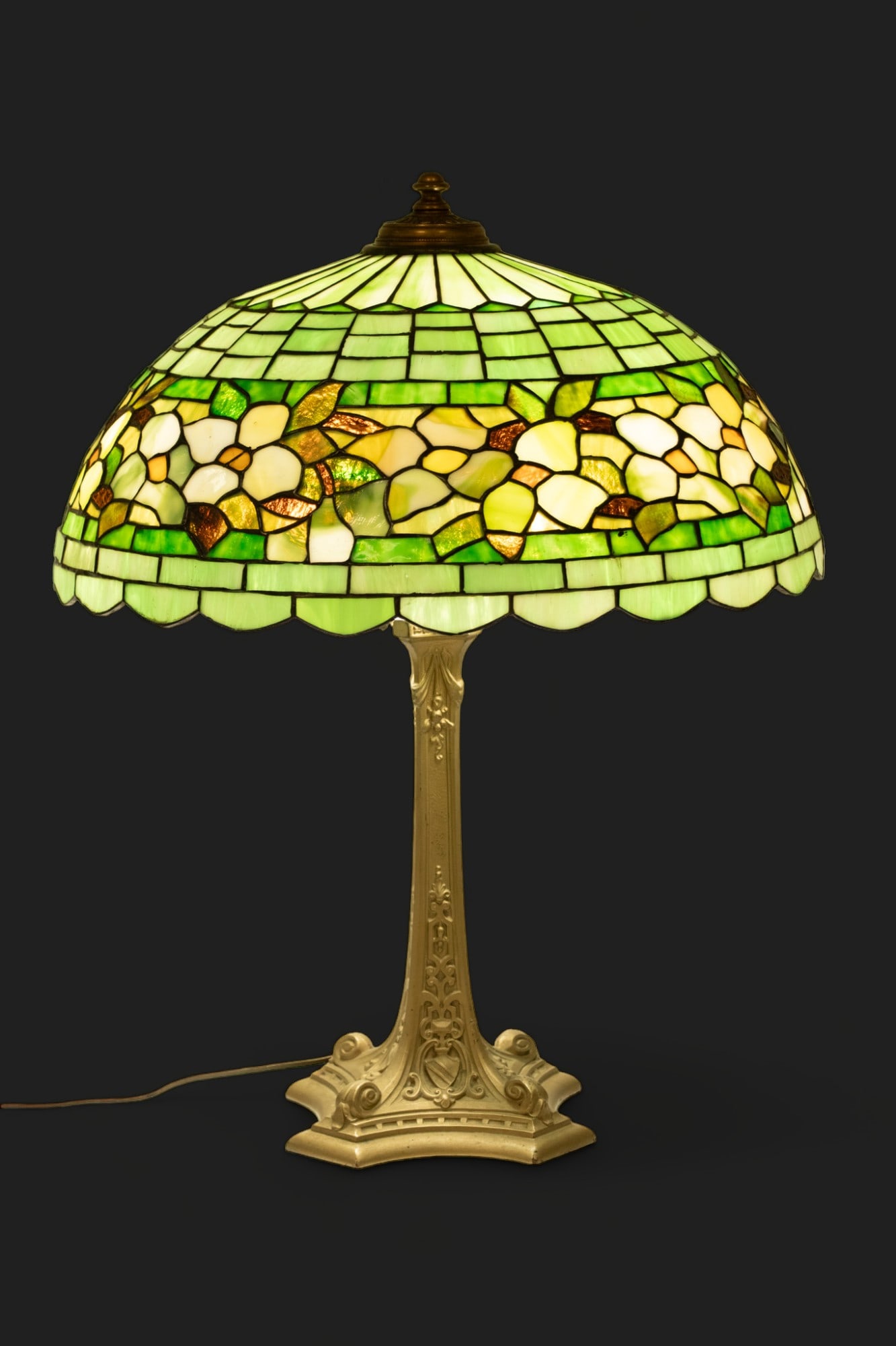 Wilkinson Art Glass Table Lamp Ca. 1910-1920, "Dogwood Border", H 26" Dia. 20" (1 of 8)