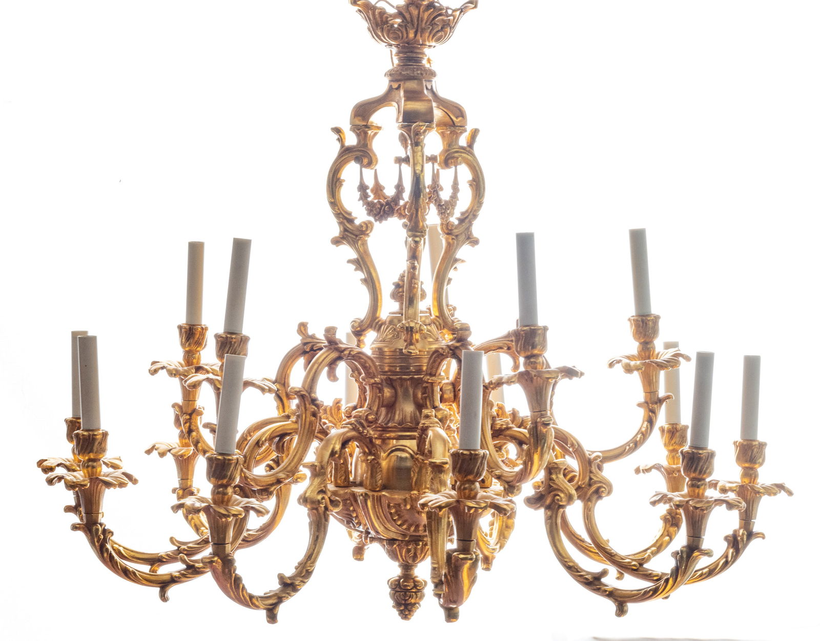 French Rococo Style Dore Bronze 15-Light Chandelier, H 34" Dia. 34" (1 of 3)