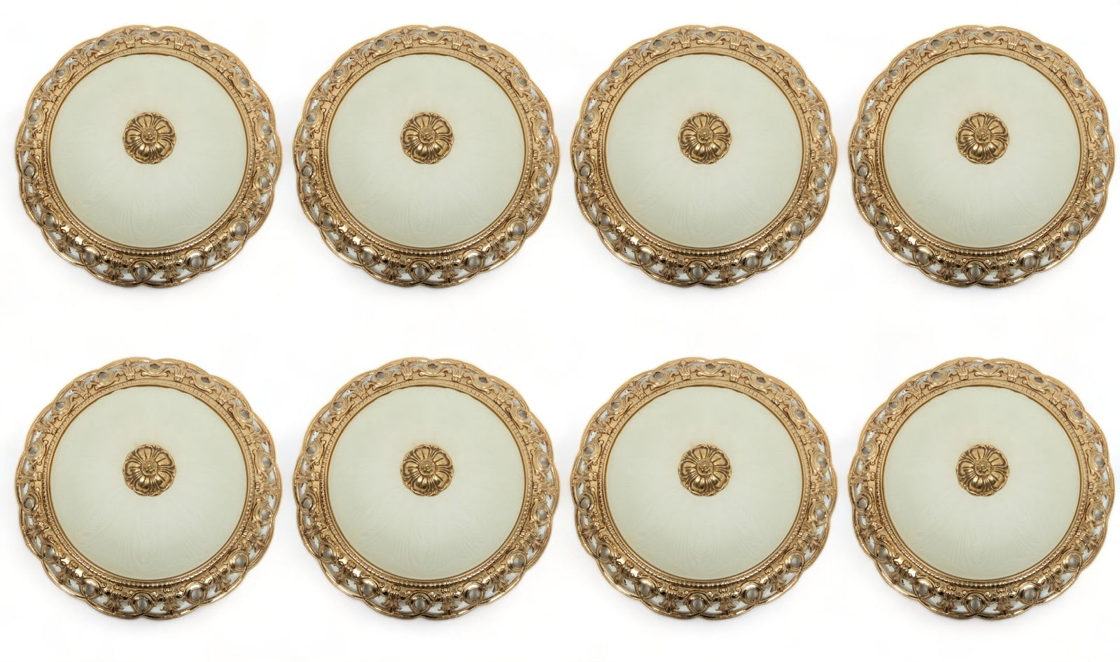 French Style Frosted Glass & Gold Patinated Ceiling Lights in Frames, 20th C., Depth 8" Dia. 16" (1 of 5)