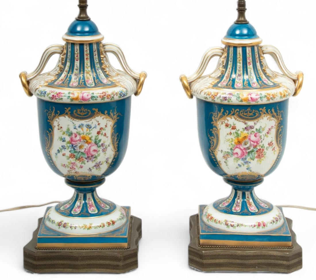 French Sevres Style Painted Porcelain Urns, Converted to Lamps, Ca. 1930, H 33" W 8.5" L 10" 1 Pair (1 of 4)