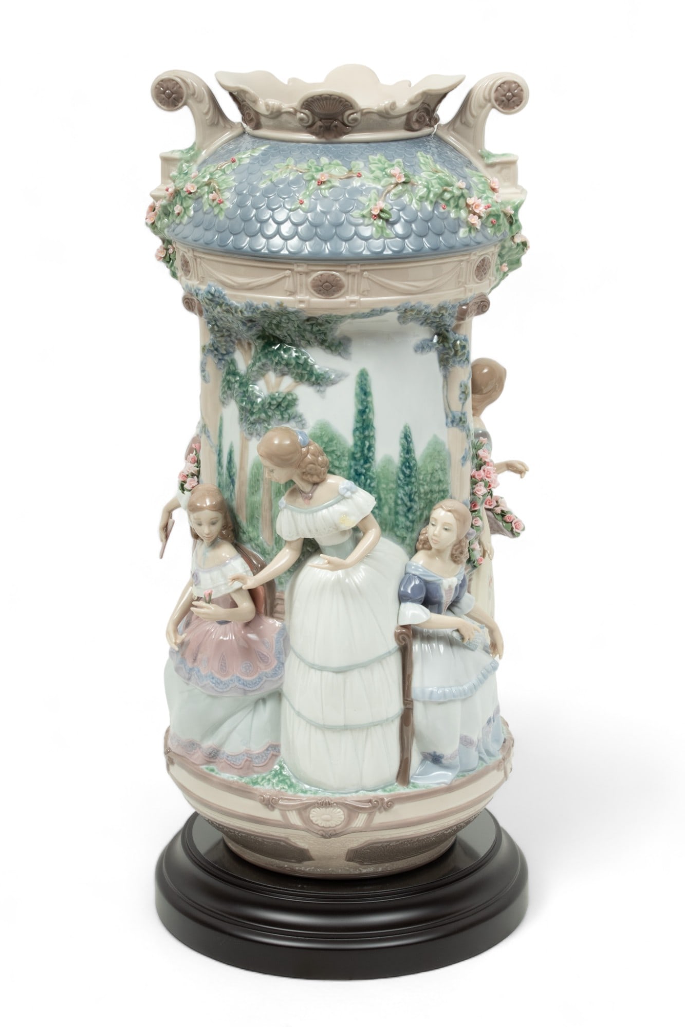 Lladro (Spanish) 'Ladies in the Garden' Porcelain Figural Vase, Ca. 2005, H 20" L 10" (1 of 9)