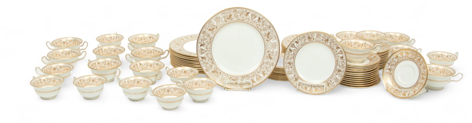 Wedgwood (English) 'Gold Florentine' Bone China Dinner Service, H 2.5" Dia. 4" 86 pcs: Wedgwood (English) 'Gold Florentine' Bone China Dinner Service, H 2.5" Dia. 4" 86 pcs | the collection includes twelve dinner plates (DIA 10.75"), twelve salad plates (DIA 8"), twelve bread & butter p