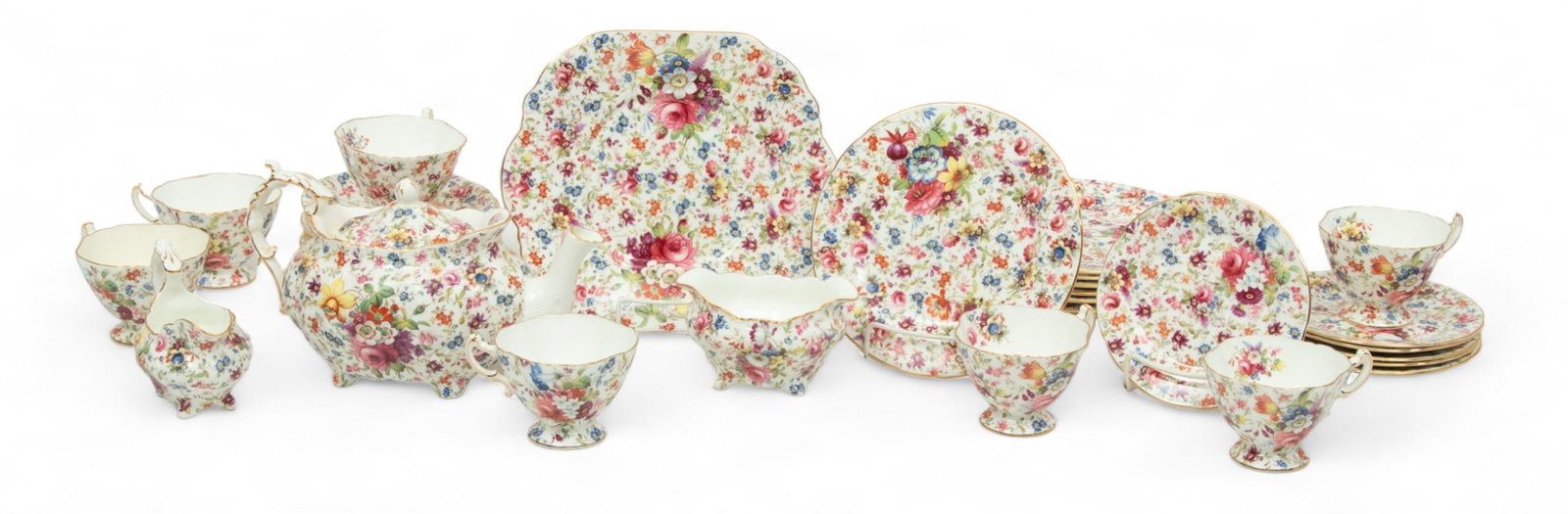 Hammersley & Company (English) '3257' Bone China Tea Service Set, H 6" W 5" L 10" 34 pcs: Hammersley & Company (English) '3257' Bone China Tea Service Set, H 6" W 5" L 10" 34 pcs | the collection includes one teapot (H 6" X W 5" X L 10"), one creamer (H 4" X W 3" X L 6"), one open sugar bo