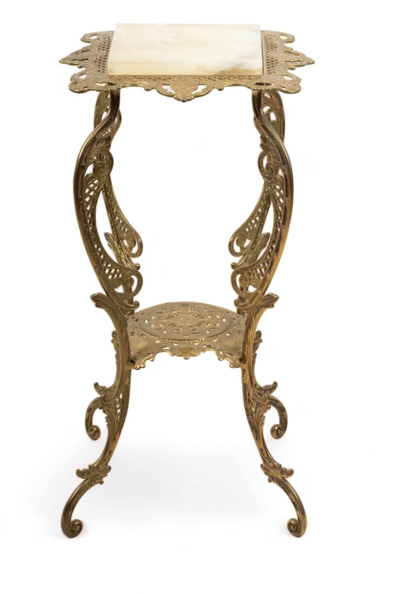 Victorian Pierced Brass And Inset Onyx Plant Stand Ca. 1880-1900, H 31" W 14" L 14" (1 of 3)