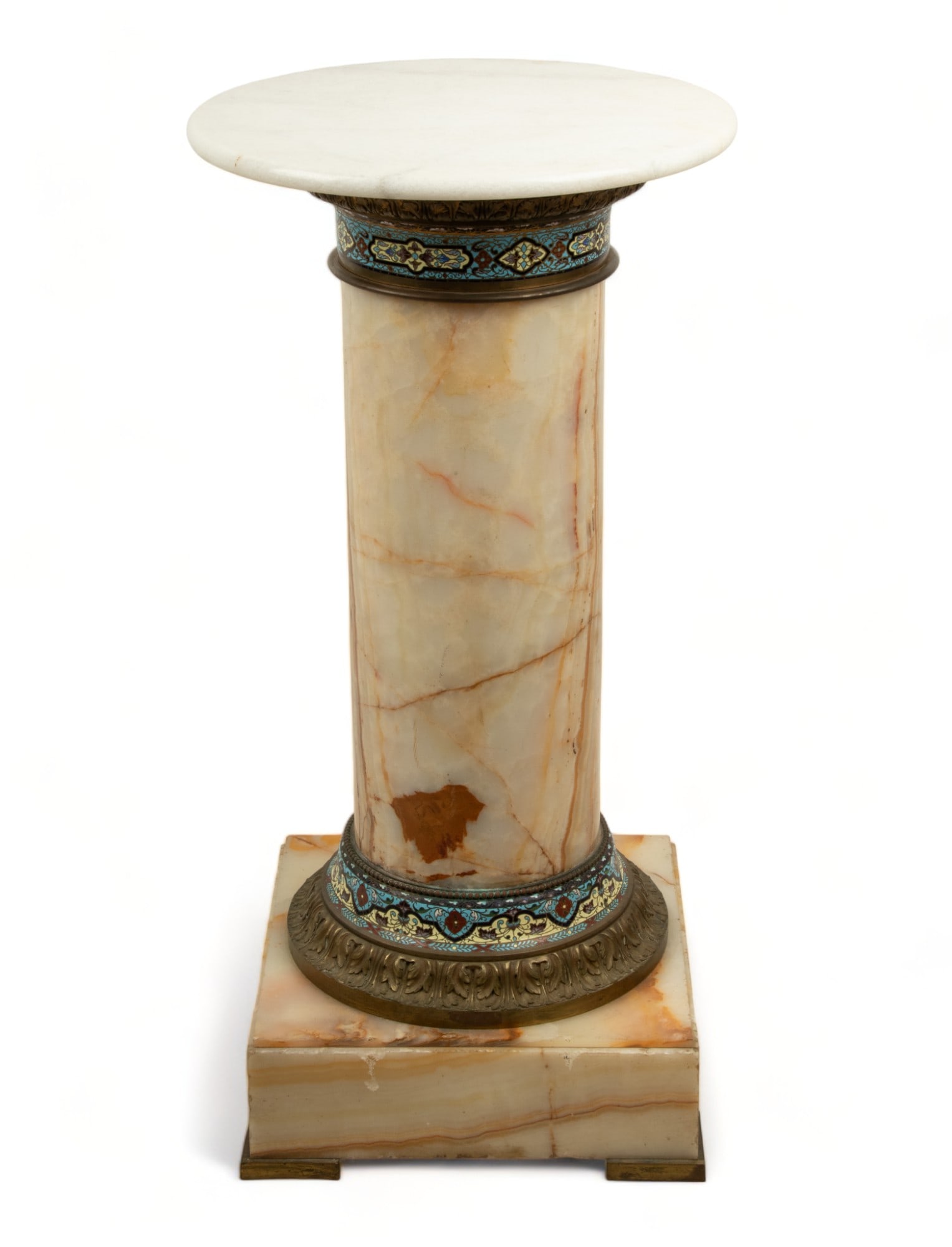 Carved Onyx & Champleve Pedestal, Marble Top, Ca. 1920, H 35" Dia. 18" (1 of 6)