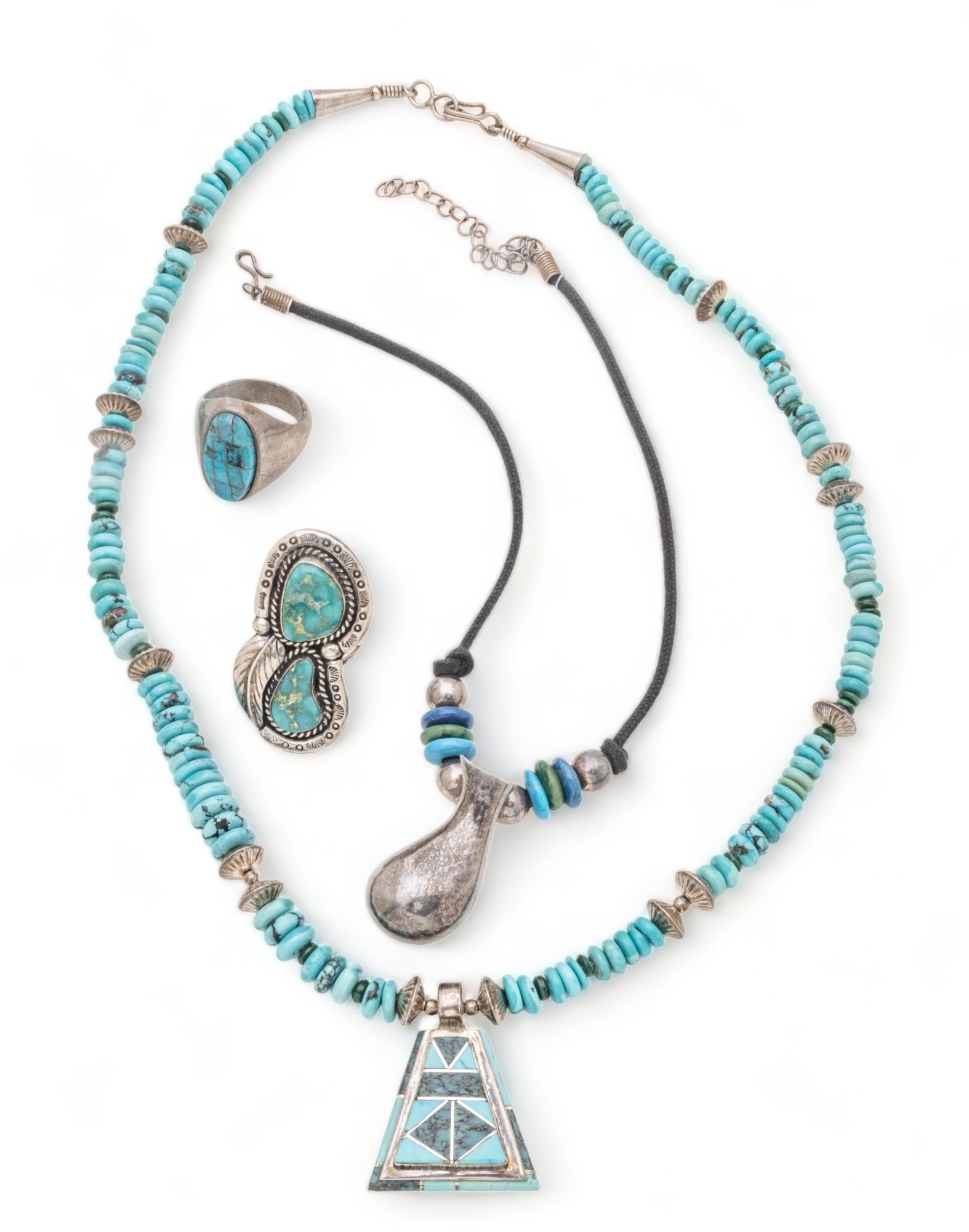 American Southwest Style Sterling Silver And Turquoise Jewelry, L 20" 108g 4 pcs (1 of 4)