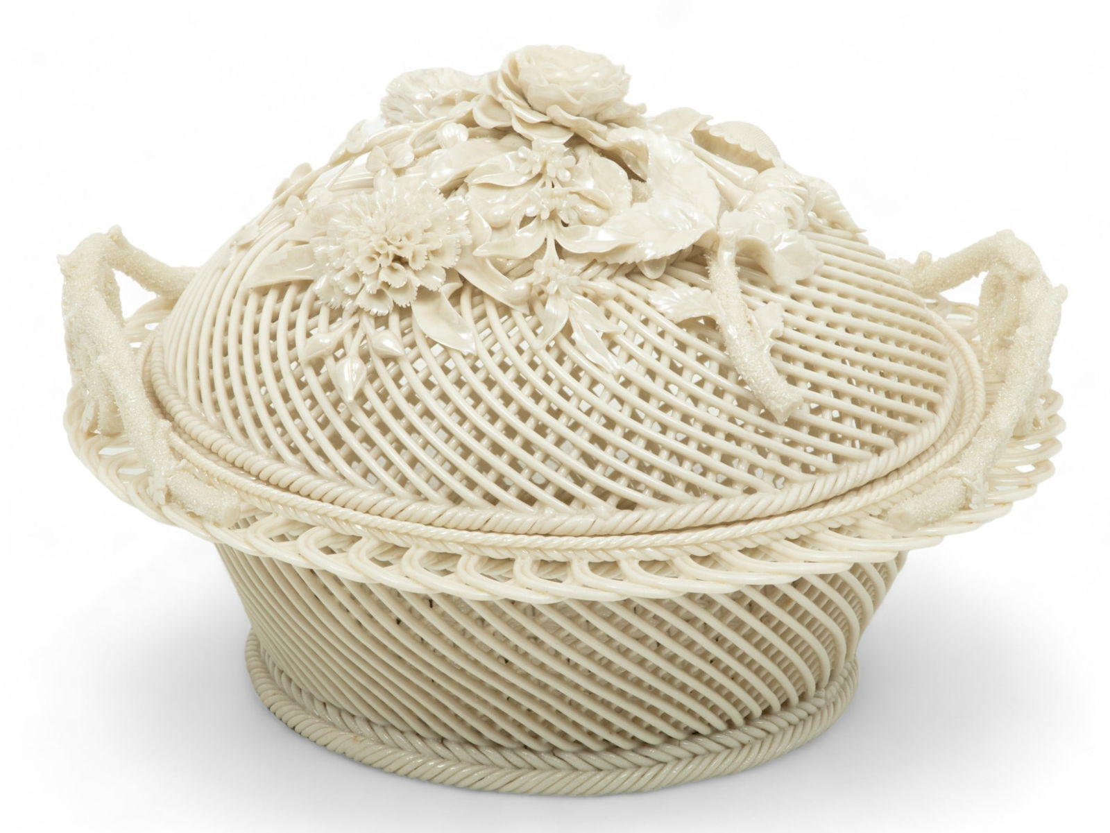 Belleek (Irish) Four-strand Porcelain Covered Basket, 1863-1890, H 7.25" Dia. 9.5" (1 of 6)
