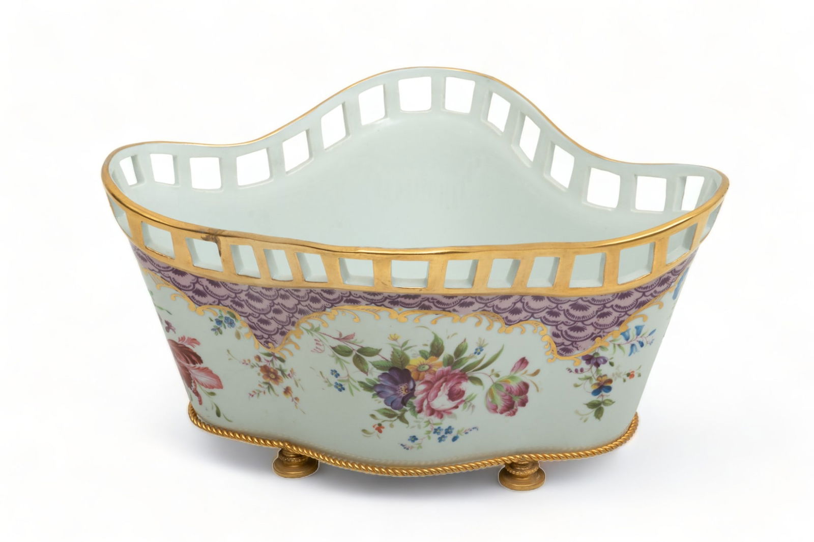 French Capodimonte Hand Painted Porcelain Footed Jardiniere, Ca. 1980, H 5" W 8" L 11" (1 of 5)