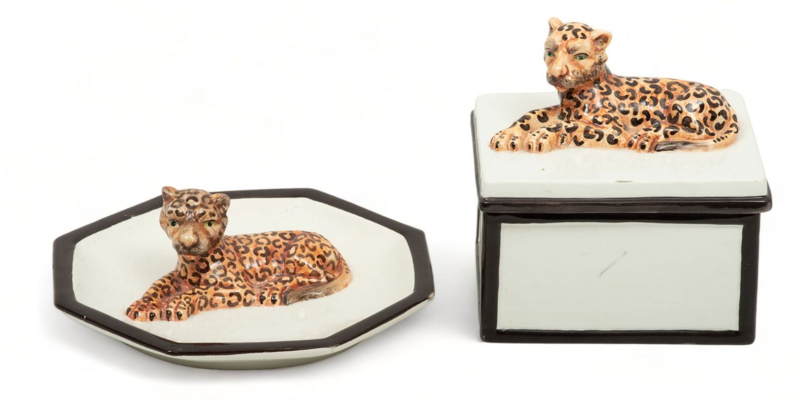 Mottahedeh (Italy) Italian Glazed Ceramic Covered Box & Dish, Recumbent Leopards, H 6" W 5.5" Depth (1 of 5)