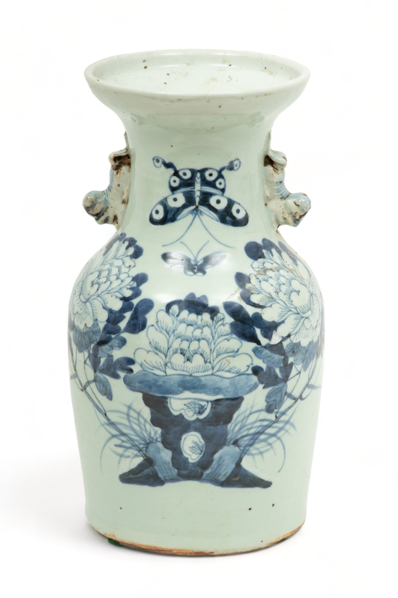 Chinese Blue & White Porcelain Vase, Ca. 1900, H 12.5" Dia. 6.25": Chinese Blue & White Porcelain Vase, Ca. 1900, H 12.5" Dia. 6.25" | the vase offers one-sided Swatow style motifs of flowers and butterflies. the neck offers two lion form handles. No artist's marks o