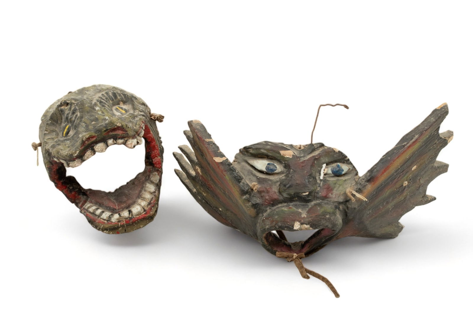 Mexican Polychrome Carved Wood Festival Dance Masks, Ca. Mid 20th C., Serpent And Fish, 2 pcs (1 of 3)