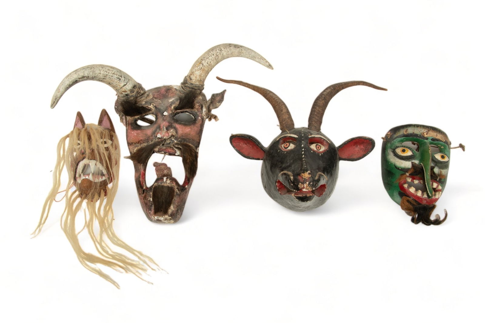 Mexican Polychrome Carved Wood Festival Masks, 20th C., Diablo, Pascola, Carnival Masks, 4 pcs (1 of 2)