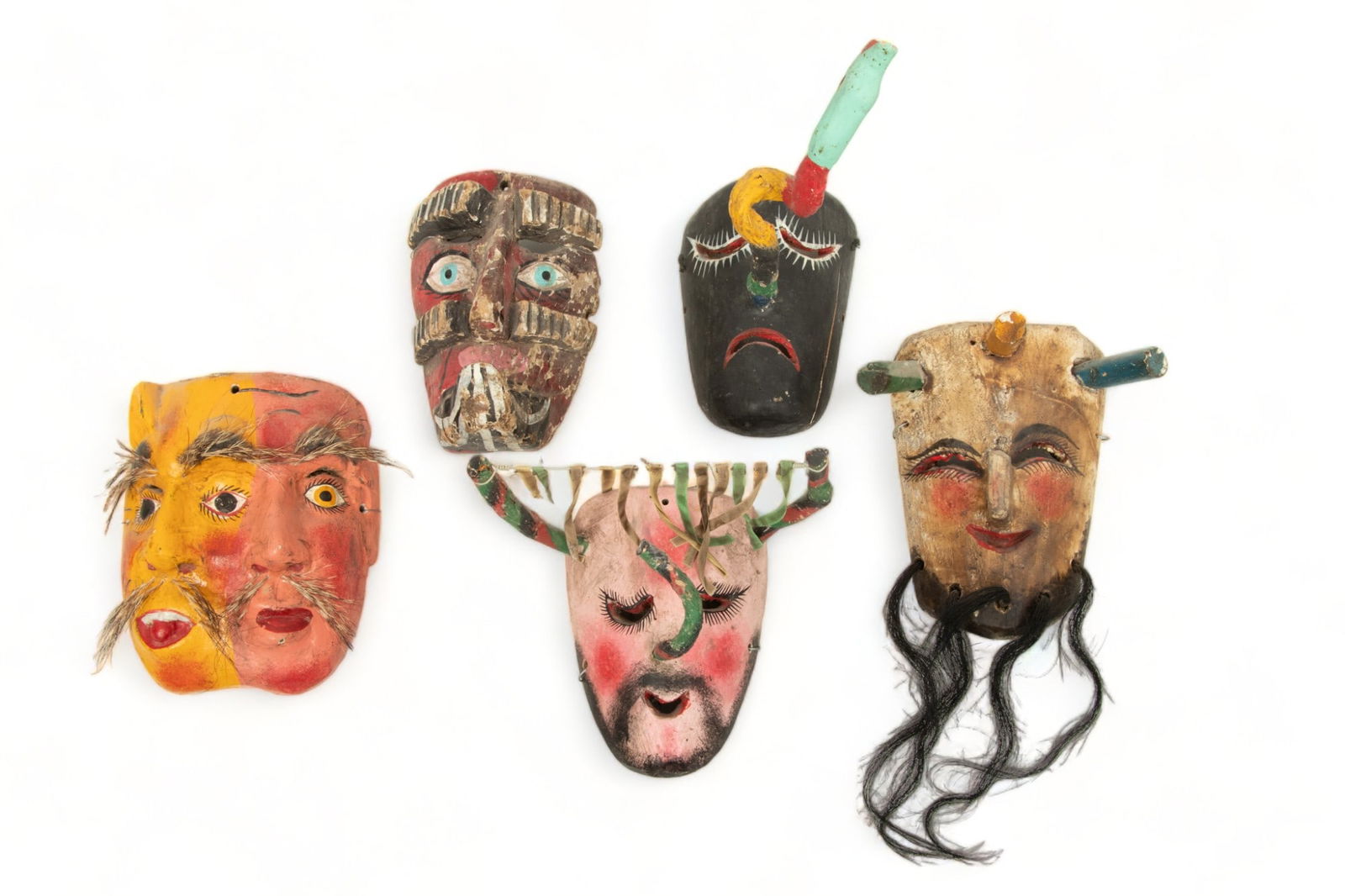 Mexican Polychrome Carved Wood Festival Masks, 20th C., Duality, Moor, Mosquitos 5 pcs (1 of 2)