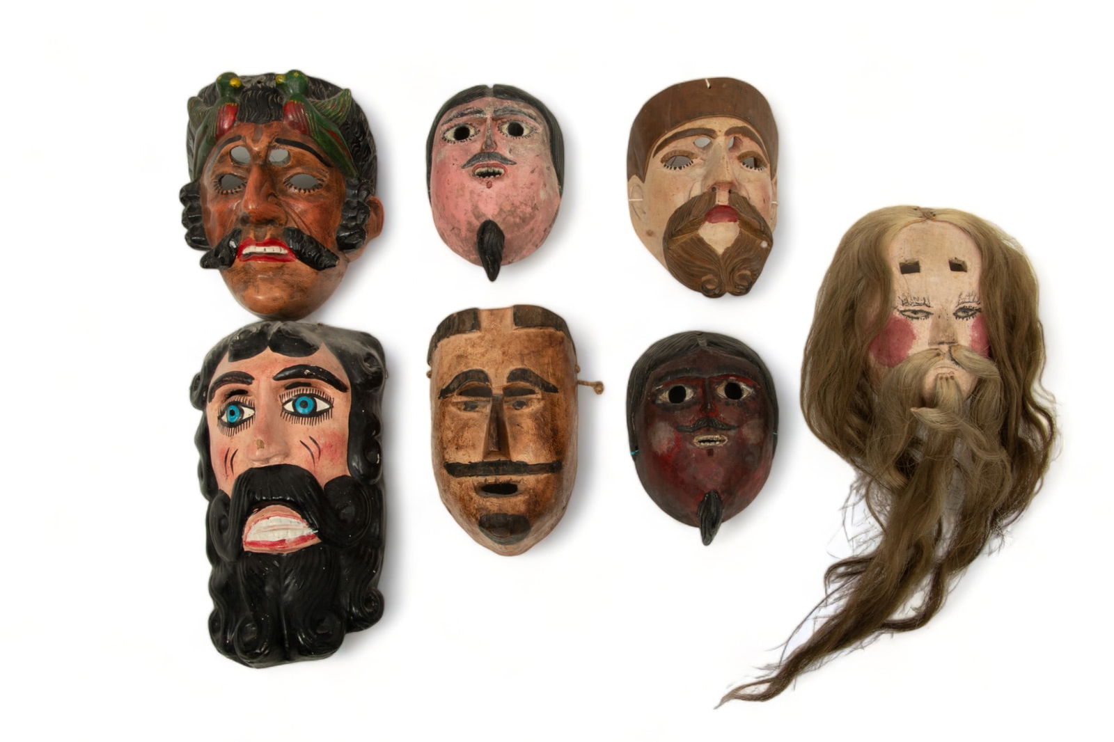Mexican And Guatemalan Polychrome Carved Wood Festival Masks, 20th C., Juan Negro And Panole, Tecun (1 of 2)