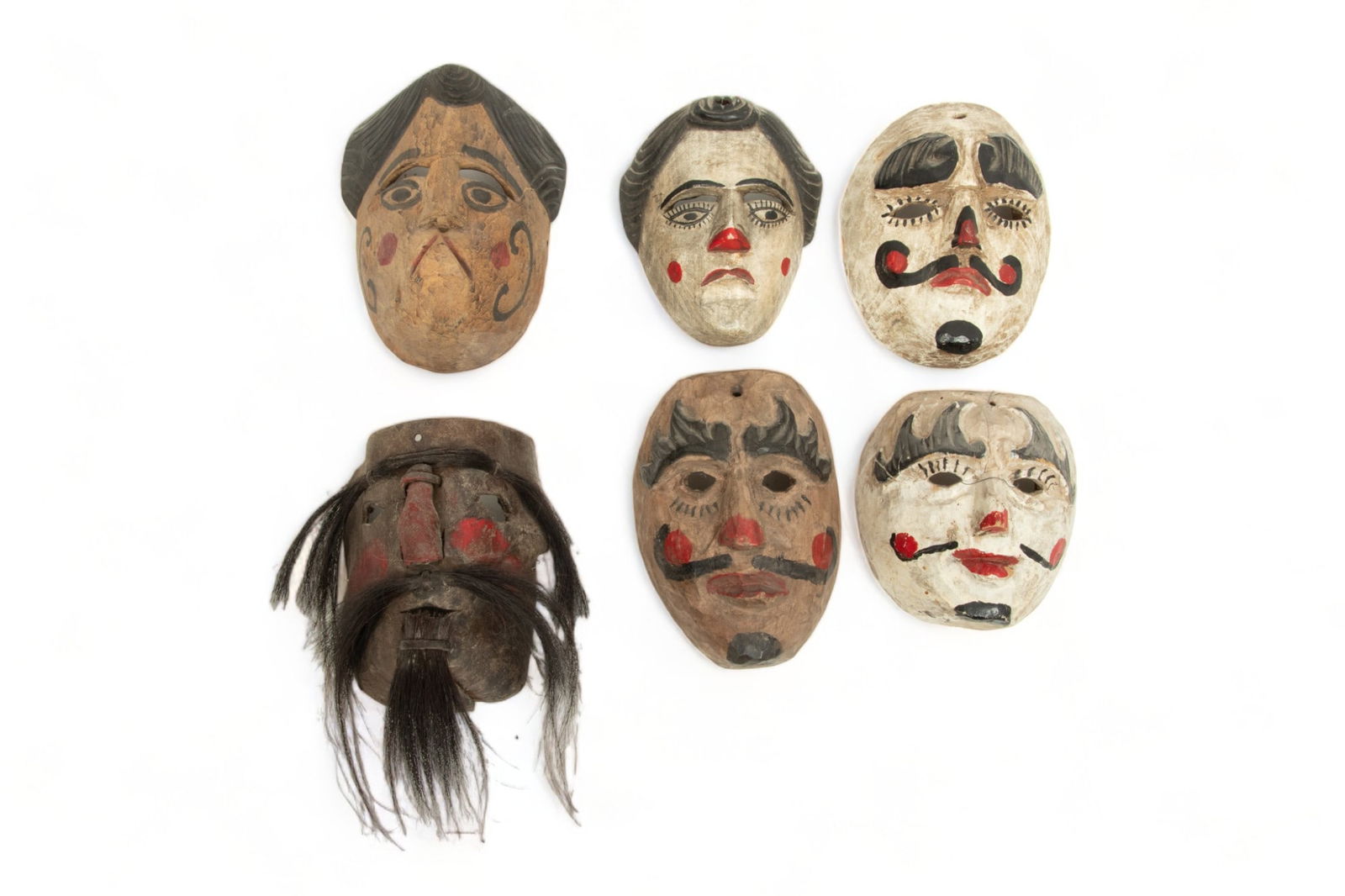 Guatemalan Polychrome Carved Wood Patron And Patrona Masks, One Leather, 20th C., 6 pcs (1 of 2)
