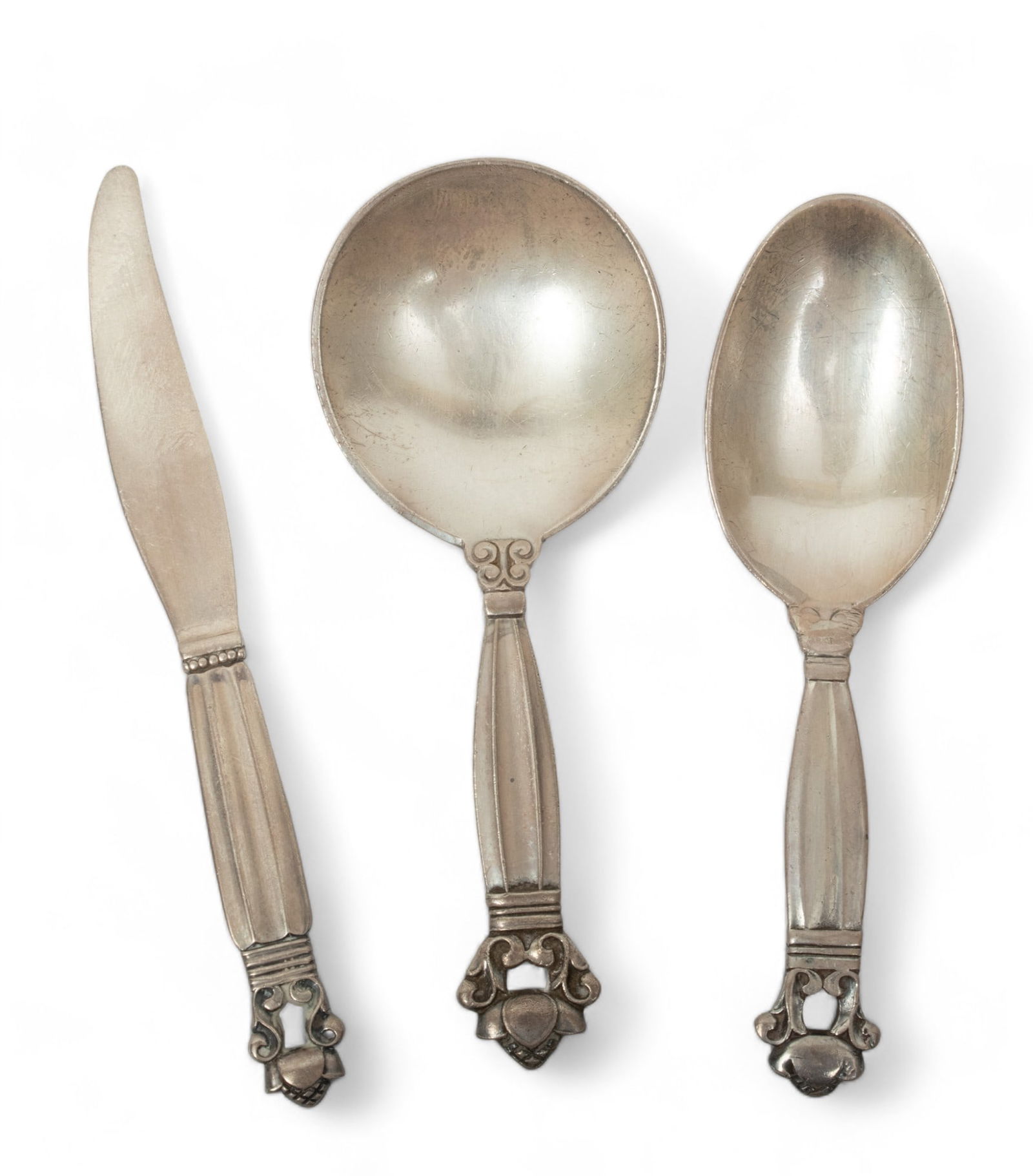Georg Jensen (Danish) 'Acorn' Sterling Silver Sugar Spoon, Baby Spoon & Knife, 2.09t oz 3 pcs (1 of 3)