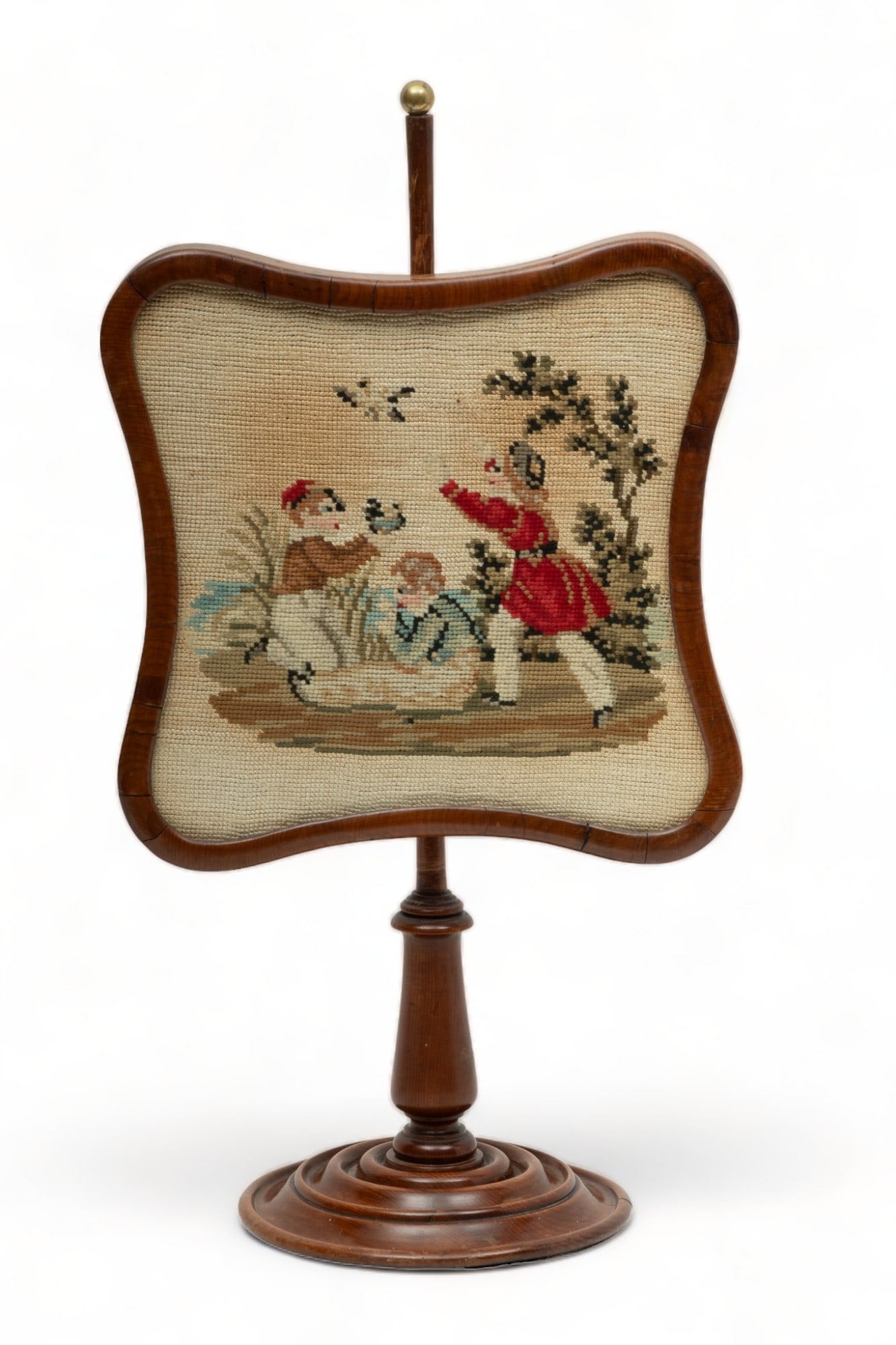 Mahogany & Needlepoint Table Screen, Frolicking Children, Ca. 1870, H 20" W 10" (1 of 4)