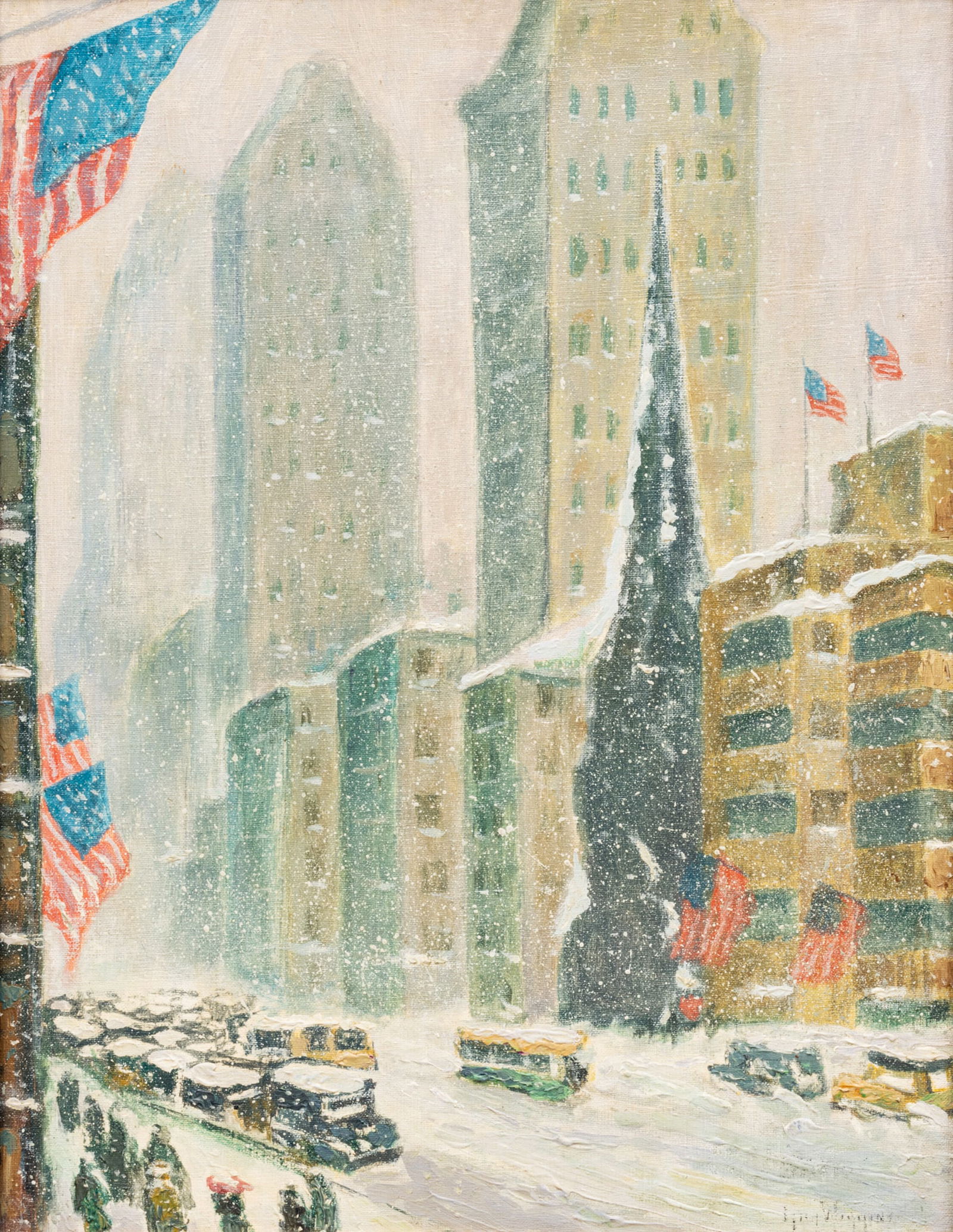 Guy Carleton Wiggins (American, 1883-1962) Oil on Artist Board, "Manhattan Snowstorm", H 18" W 14": Guy Carleton Wiggins (American, 1883-1962) Oil on Artist Board, "Manhattan Snowstorm", H 18" W 14" | Depicting a Manhattan street scene with seven American flags within a snowstorm. Signed "Guy Wiggin