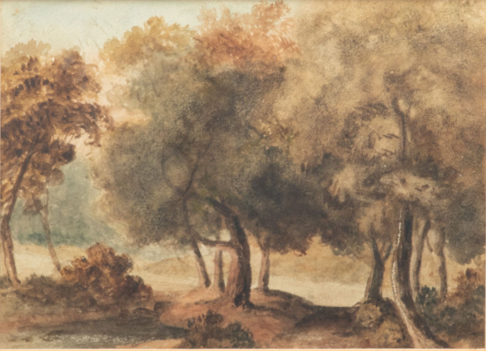 Follower of John Constable (British, 1776-1837) Watercolor on Paper, H 4.5" W 26.5": Follower of John Constable (British, 1776-1837) Watercolor on Paper, H 4.5" W 26.5" | Forest river, no apparent signature. Framed H 15", W 17". Provenance: Property from a Sterling Heights, MI private