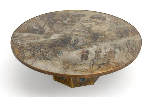 Philip And Kelvin Laverne (American) Chan Circular Coffee Table, Ca. 1960, H 17.5" Dia. 47.75": Philip And Kelvin Laverne (American) Chan Circular Coffee Table, Ca. 1960, H 17.5" Dia. 47.75" | Acid-etched, enameled and patinated bronze over wood, acid-etched signature 'Philip + Kelvin Laverne' t