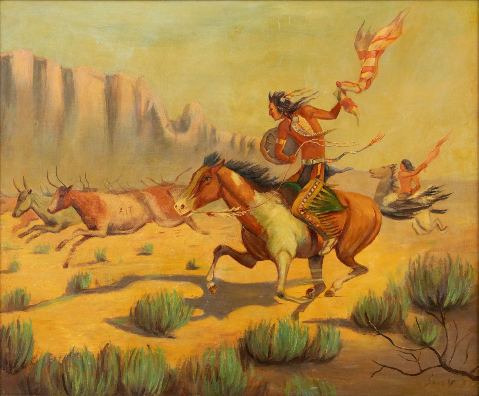 American Oil on Canvas, Ca. 20th C., "Native Americans Driving Cattle, Signed", H 20" W 24" (1 of 4)