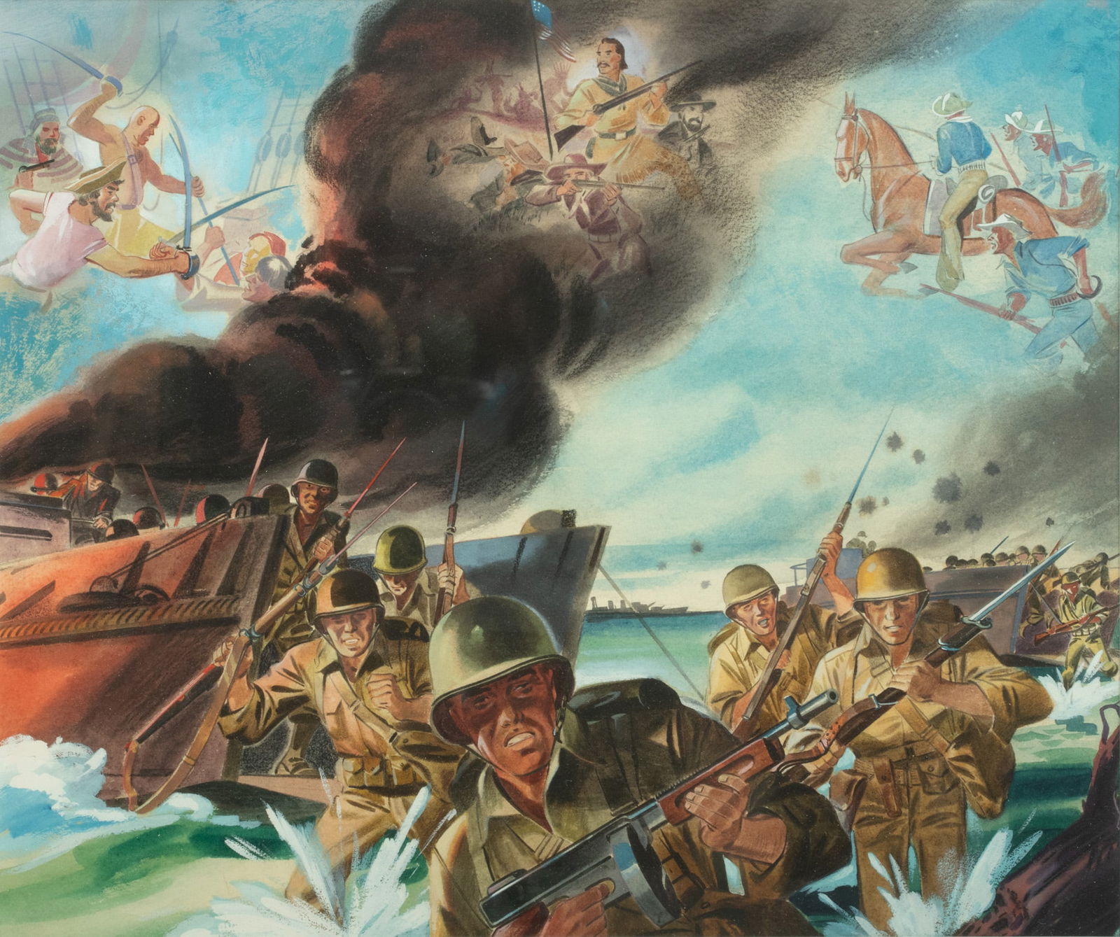American Watercolor And Gouache on Whatman Drawing Board, Ca. 1943, U.S. Marines Amphibious Assault, (1 of 3)