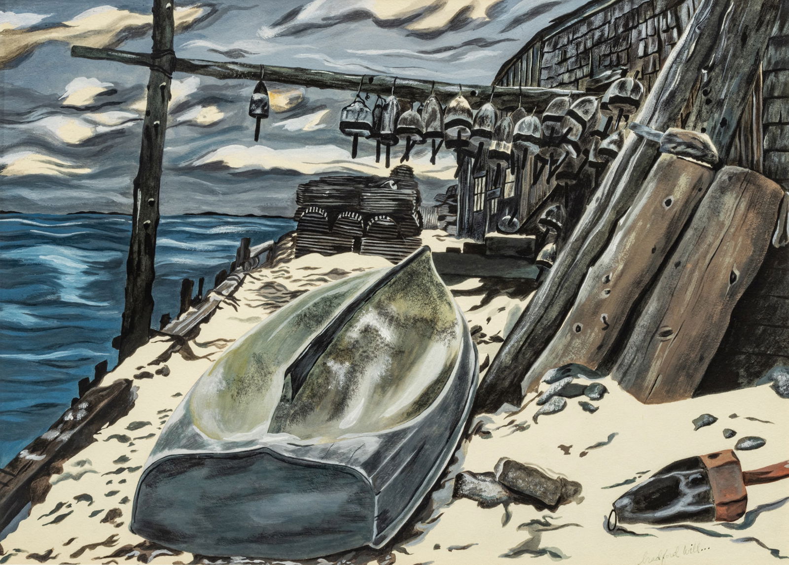Bradford Will (American, 20th C.) Gouache on Paper, "New England Winter Dock Scene", H 12.75" W 18" (1 of 5)