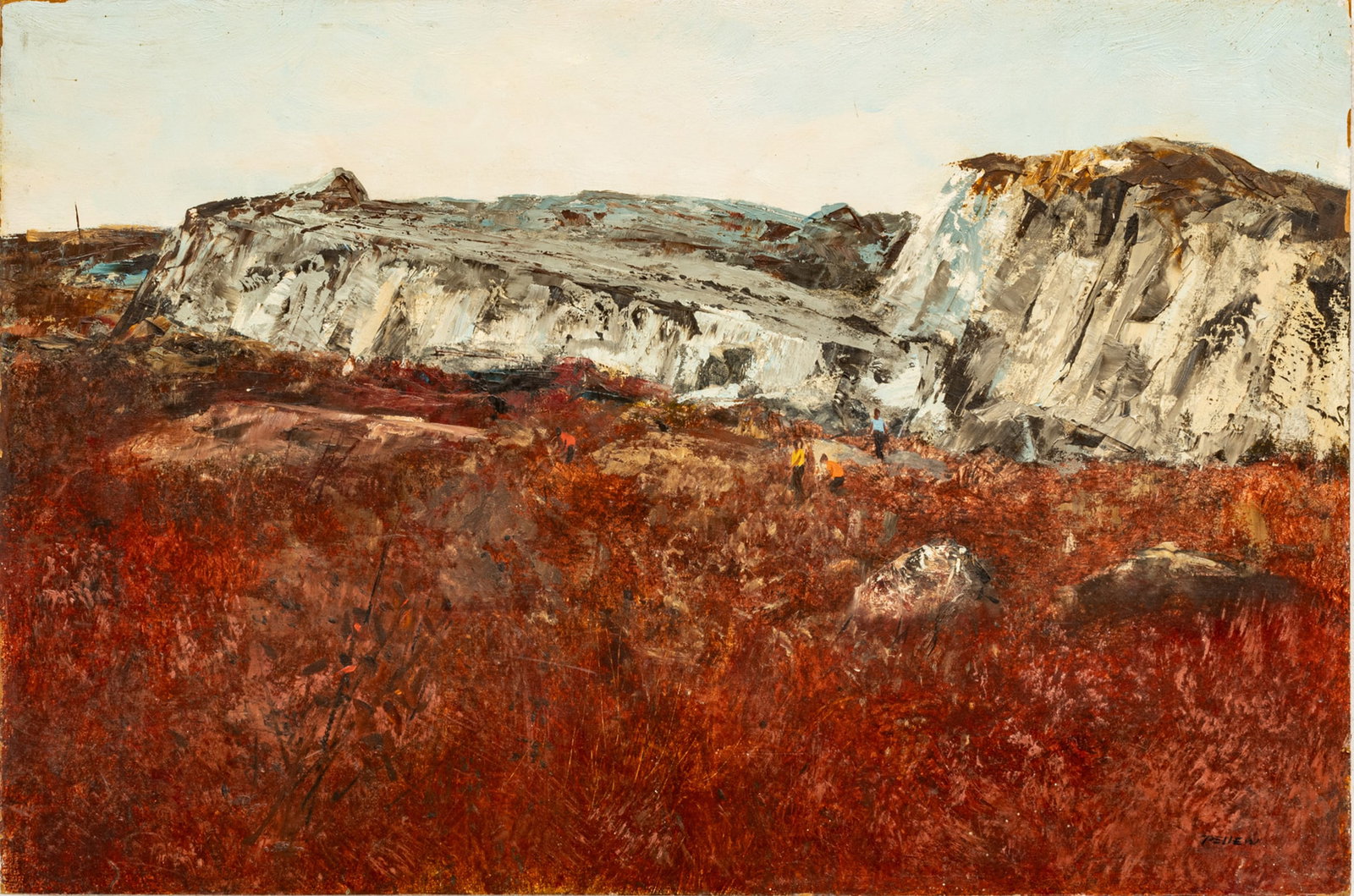 John Clifford Pellew (American, 1903-1993) Oil on Masonite, "Blueberry Ledge - Deer Isle, Maine", H: John Clifford Pellew (American, 1903-1993) Oil on Masonite, "Blueberry Ledge - Deer Isle, Maine", H 15" W 22.75" | Signed in the lower right. Landscape at Deer Isle, Maine. Rocky outcrop with four sma
