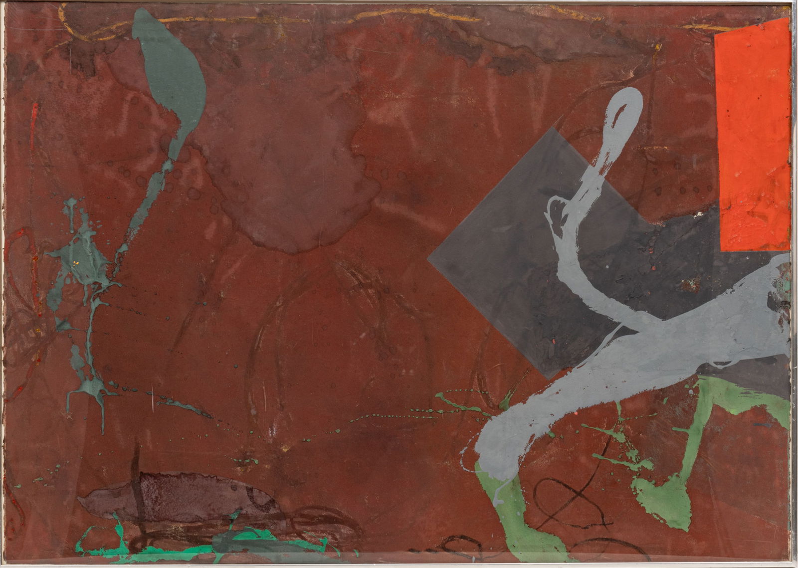 Peter Plagens (American, B. 1941) Mixed Media on Paper, Ca. 1970s, Untitled Abstract, H 29.5" W: Peter Plagens (American, B. 1941) Mixed Media on Paper, Ca. 1970s, Untitled Abstract, H 29.5" W 41.5" | Unsigned. Mixed media with gouache, watercolor, oil, graphite and oil crayon. Framed under acryl