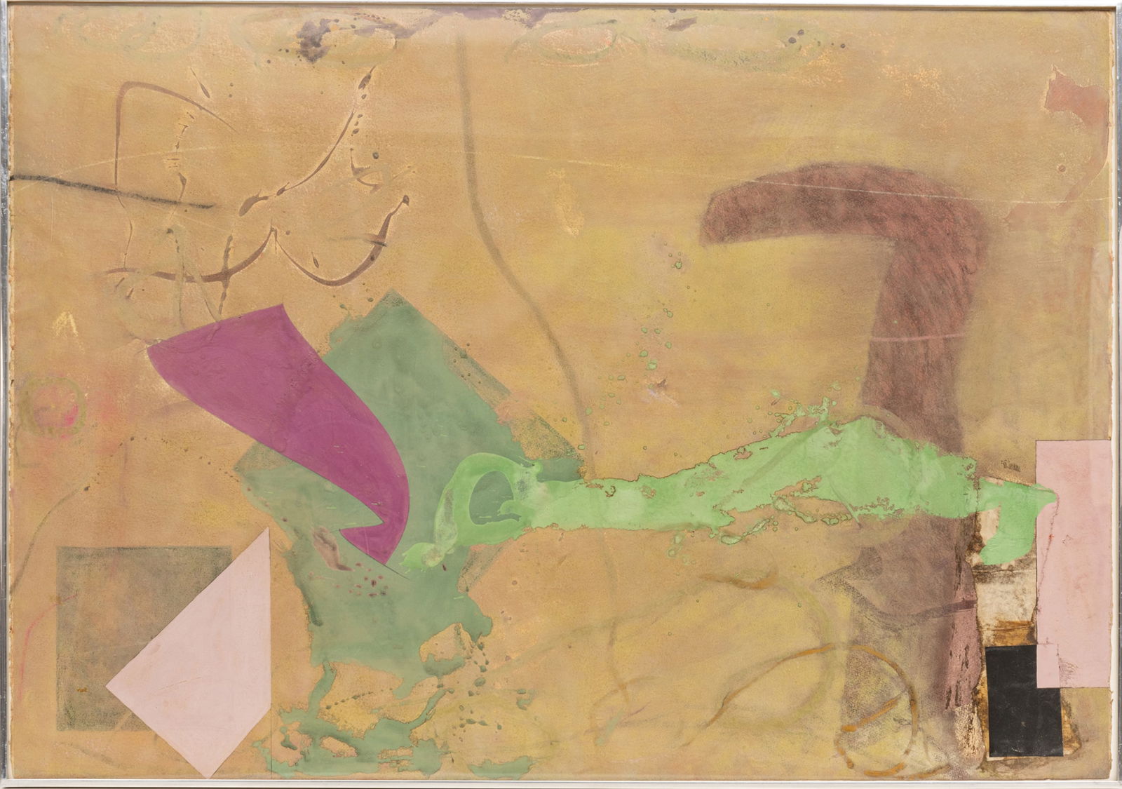 Peter Plagens (American, B. 1941) Mixed Media on Paper, Ca. 1970s, Untitled Abstract, H 29.5" W: Peter Plagens (American, B. 1941) Mixed Media on Paper, Ca. 1970s, Untitled Abstract, H 29.5" W 41.5" | Unsigned. Mixed media with gouache, watercolor, oil crayon and collage. Framed under plexiglass.