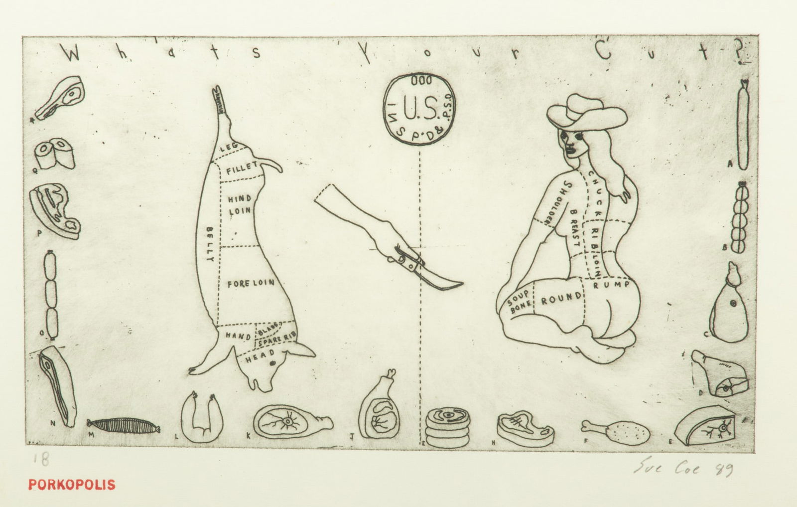 Sue Coe (English, B. 1951) Etching on Rives Paper, Ca. 1989, "What's Your Cut?", H 4.875" W 8.75": Sue Coe (English, B. 1951) Etching on Rives Paper, Ca. 1989, "What's Your Cut?", H 4.875" W 8.75" | Pencil signed and dated in the lower right. from the Porkopolis series, numbered 18 (of 177). Rives
