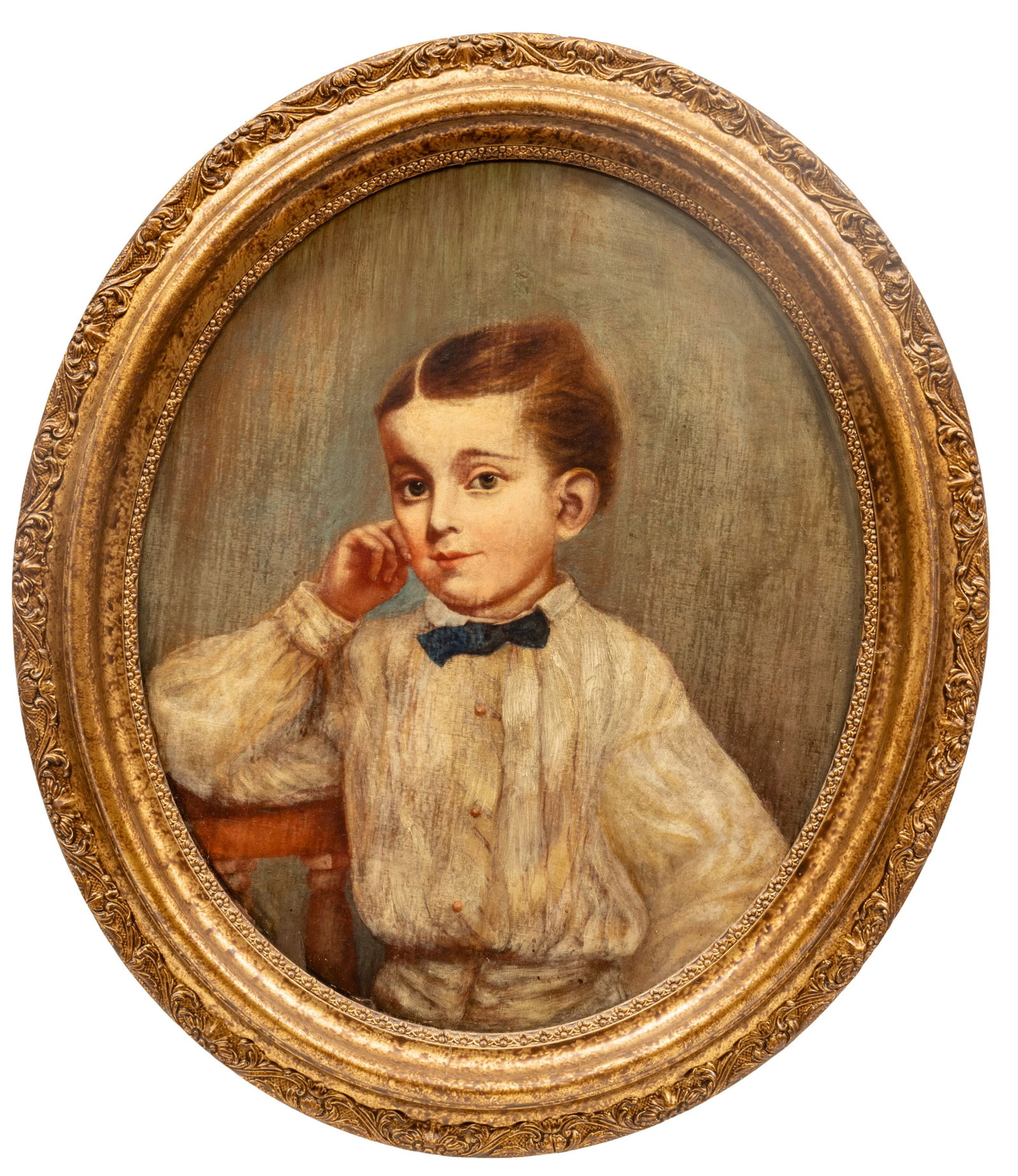 American Oil on Canvas, Portrait of a Young Boy, Oval Ca. 19th.c., H 23.5" W 20" (1 of 3)