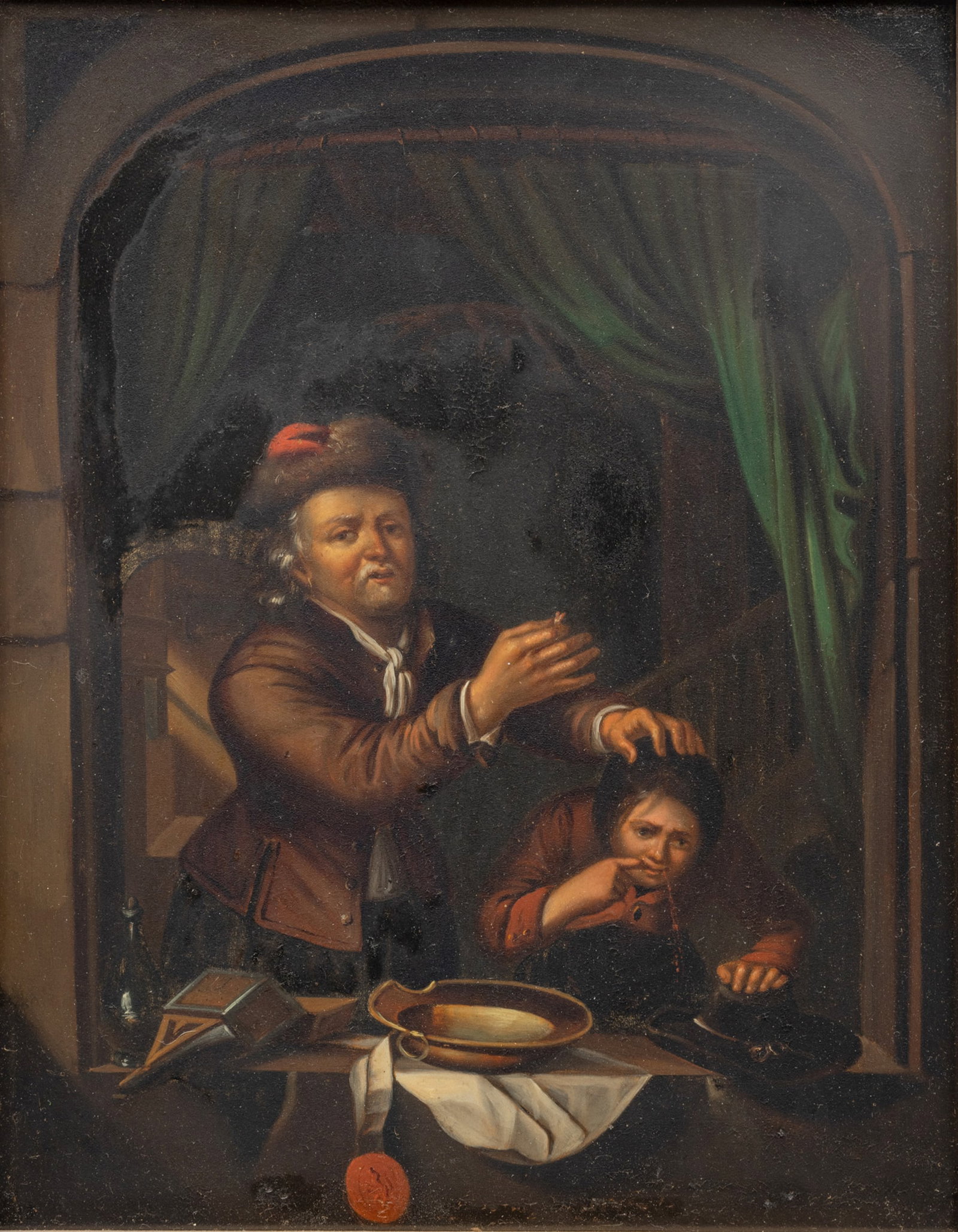 After Gerrit Dou (Dutch, 1613-1675) Oil on Tin, Ca. 19th C., "The Dentist", H 10" W 8.5": After Gerrit Dou (Dutch, 1613-1675) Oil on Tin, Ca. 19th C., "The Dentist", H 10" W 8.5" | Unsigned. Depicting a dentist in a window holding up a tooth he has extracted from his patient. Having a gilt