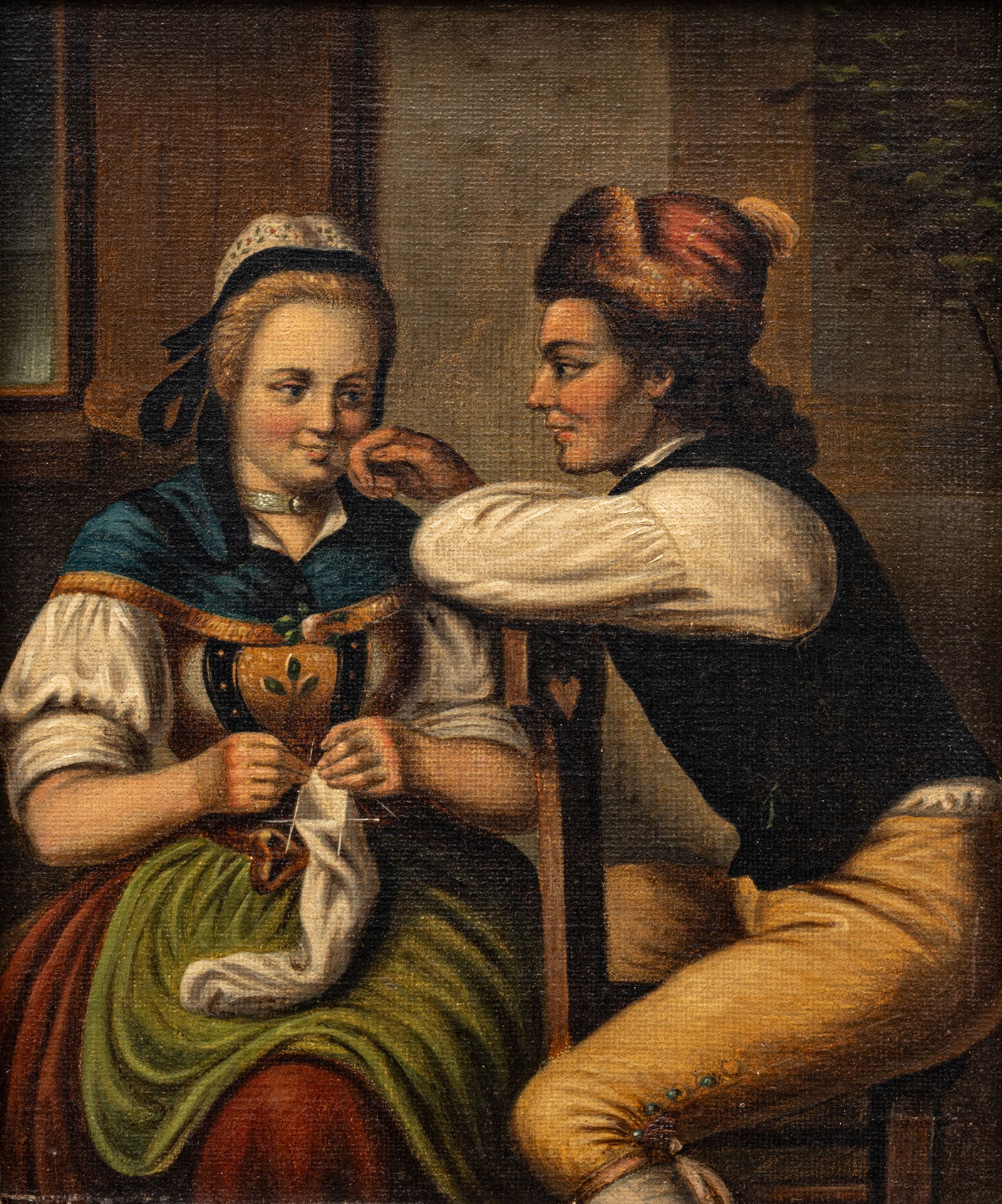 German School Oil on Canvas 19th C., "Courtship", H 8.5" W 7" (1 of 5)