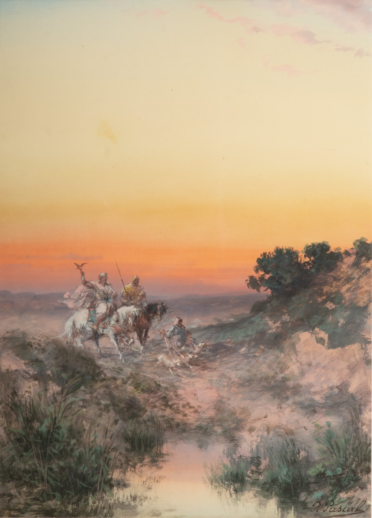 Paul Pascal (French, 1832-1903) Watercolor And Gouache on Paper, Ca. 1890, "Falconing", H 15.5" W: Paul Pascal (French, 1832-1903) Watercolor And Gouache on Paper, Ca. 1890, "Falconing", H 15.5" W 11" | Depicting falconers on horseback with a dog handler in the lead. Signed lower right "P Pascal".