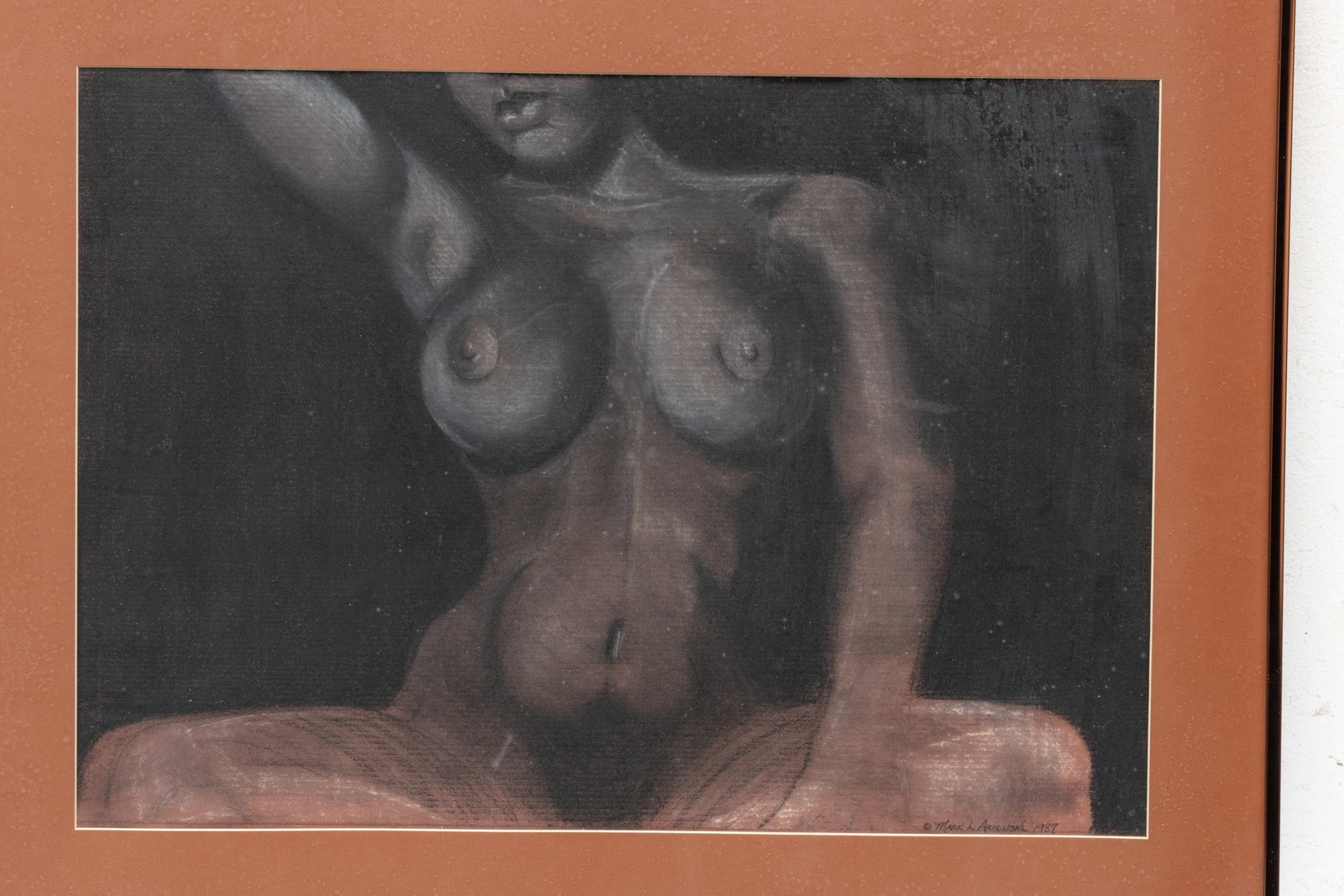 Mark Arminski (American/Detroit, B. 1950) Charcoal on Paper, 1987, "Female Nude", H 15.25" W 21.5": Mark Arminski (American/Detroit, B. 1950) Charcoal on Paper, 1987, "Female Nude", H 15.25" W 21.5" | Signed and dated in the lower right. Charcoal on paper, female nude as viewed from the front. Matte