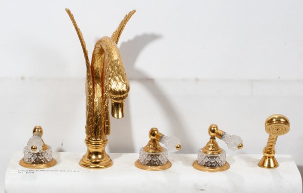 JADO HAND CUT CRYSTAL SERIES DECK TUB SET,: JADO LOUIS XIV STYLE HAND CUT CRYSTAL SERIES DECK TUB SET, EIGHT PIECES, H 2 1/2" - 14":Gold plated figural set with swan form spouts and cut crystal handles and knobs.