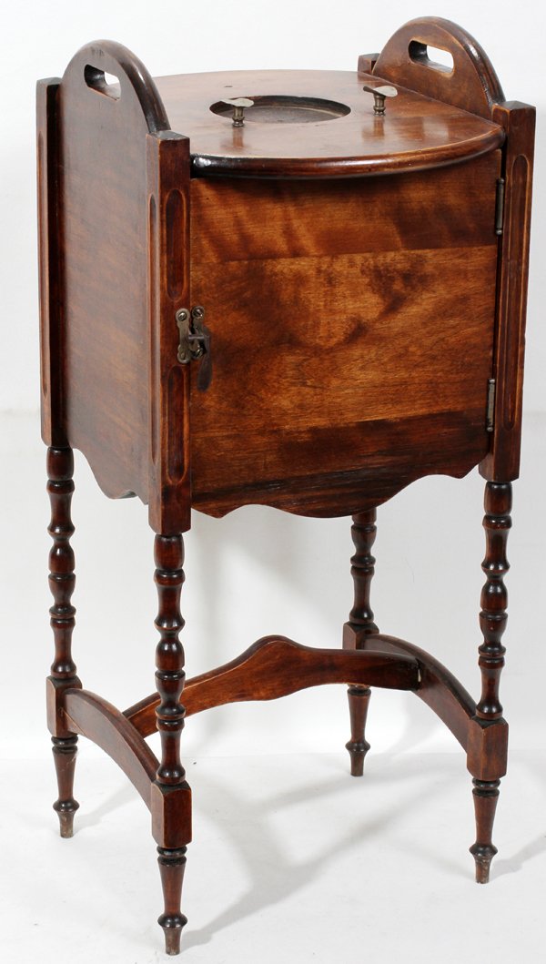 WALNUT HUMIDOR/CABINET, TURNED LEGS, H 27",: WALNUT HUMIDOR/CABINET, TURNED LEGS, H 27", W 12", D 9":hinged cabinet door, flanked by two handles on the top sides; with fluted corner frames, two brass pipe rests, recess for ash tray (not included