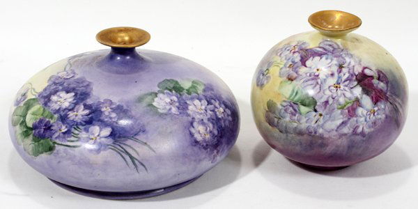 WILLETS-BELLEEK PORCELAIN VASE & ONE OTHER, TWO: WILLETS-BELLEEK PORCELAIN VASE & ONE OTHER, TWO, H 4" & 5":Both with hand painted purple flowers. One is by Willets and the other is stamped "BP CO" over "FO". Diameters are 4" and 5".