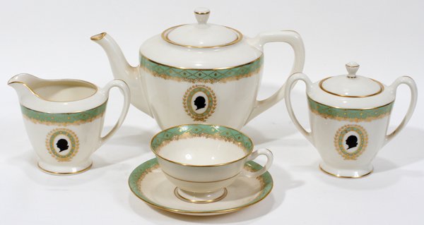 LENOX 'GEORGE WASHINGTON: 1732-1932' TEA SET,: LENOX 'GEORGE WASHINGTON: 1732-1932' PORCELAIN TEA SET, FIVE PIECES, H 4" - 6":Including 1 covered sugar bowl; 1 creamer; 1 teapot; 1 cup; and 1 saucer. Height range is from 3 3/4" to 6 1/4".