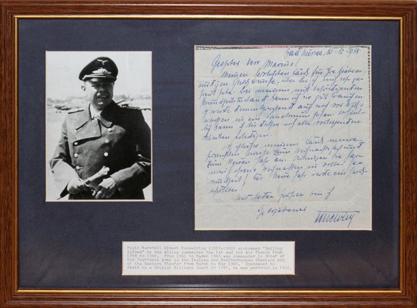GERMAN MARSHALL ALBERT KESSELRING SIGNED LETTER: GERMAN FIELD MARSHALL ALBERT KESSELRING SIGNED HAND WRITTEN LETTER, 1958, H 10", W 13":hand written in blue fountain pen dated: '10-12-1958; includes a black and white photo print of Kesselring in mil