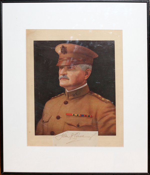 GENERAL JOHN J. PERSHING CUT AUTOGRAPH & PRINT: GENERAL JOHN J. PERSHING CUT AUTOGRAPH AND PORTRAIT PRINT, H 12", W 9":having a cut signature in black fountain pen signed: 'John J. Pershing' on white paper along with a color portrait print of Persh