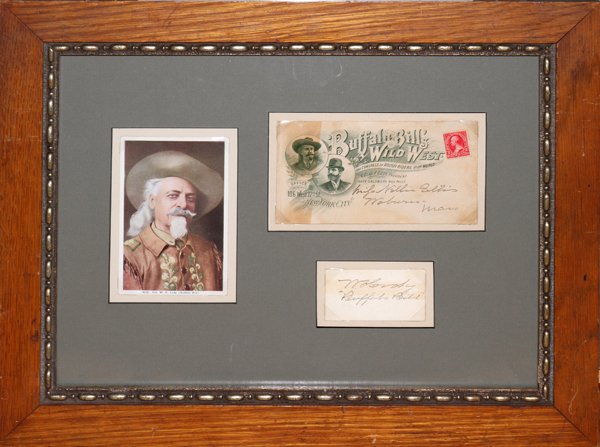 WILLIAM F. (BUFFALO BILL) CODY CUT SIGNATURE,: WILLIAM F. (BUFFALO BILL) CODY CUT SIGNATURE, ENVELOPE AND COLOR PRINT, H 8", W 12":includes a cut signature: "W.F. Cody "Buffalo Bill", one Buffalo Bill's Wild West Show envelope with 2 cent cancelle