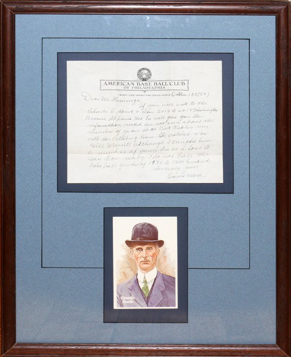 CONNIE MACK HAND WRITTEN AND SIGNED LETTER WITH: CONNIE MACK HAND WRITTEN AND SIGNED LETTER WITH ENVELOPE AND COLOR PRINT, 1947, H 15", W 8":Connie Mack signed letter on American Base Ball Club Of Philadelphia dated October 13, 1947 to a Mr. Hemming