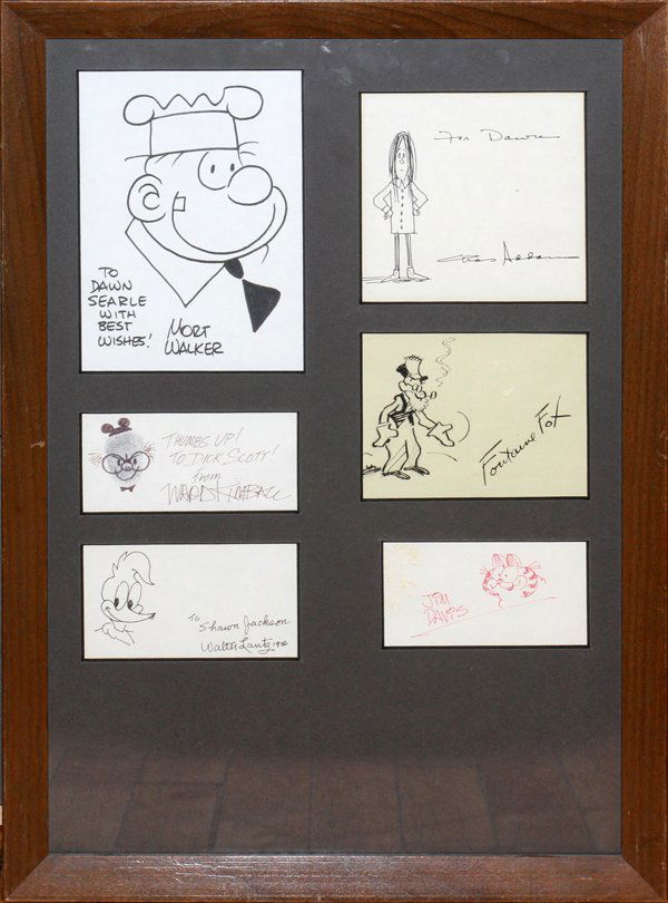 CARTOONIST AUTOGRAPHS & SKETCHES CHARLES ADDAMS: CARTOONIST AUTOGRAPHS AND SKETCHES CHARLES ADDAMS, FONTAINE FOX, MORT WALKER, ETC., FRAMED:includes: an autographed sketch of Beetle Bailey character 'Sergeant Snorkel' signed by Mort Walker and inscr